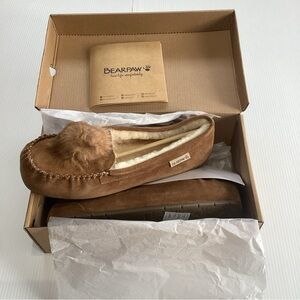 BEARPAW Slippers Erika Moccasin Sheepskin Hickory II Size 11 Suede Poof Ball